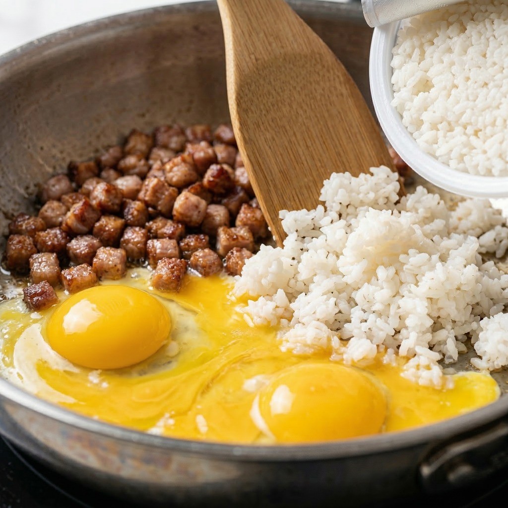 고기 기름에 계란 스크램블과 즉석밥을 넣어 함께 볶는 조리 모습