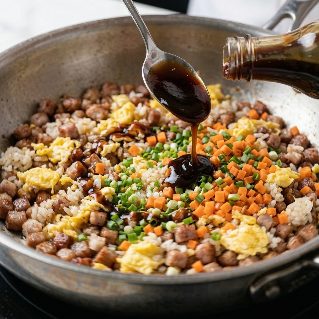 다진 채소와 감칠맛을 더해줄 굴소스 1큰술을 넣고 볶는 단계