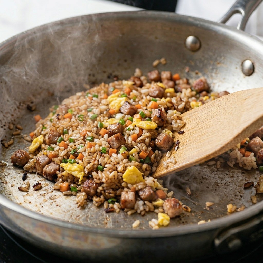 완성 직전 팬에서 밥을 눌려 불맛을 입힌 고슬고슬한 고기 볶음밥