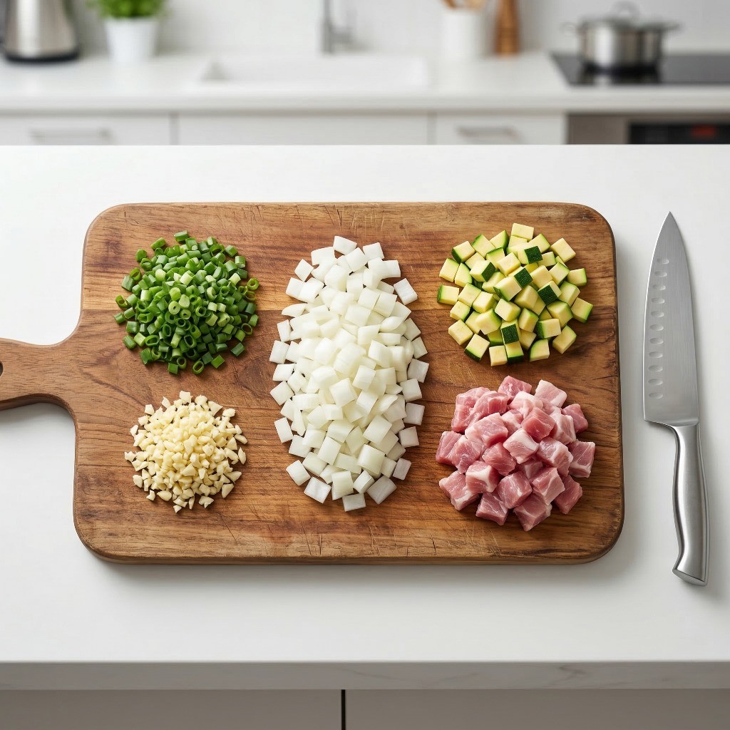 이연복 짜장라면 레시피 1단계: 대파, 마늘, 양파, 돼지고기 등 기본 간짜장 재료 손질하는 방법