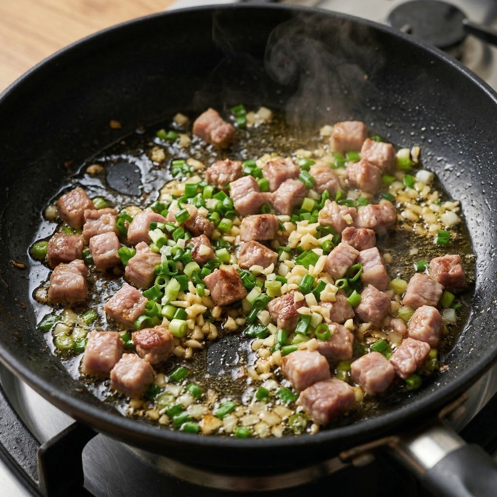 이연복 짜장라면 레시피 2단계: 프라이팬에 식용유를 두르고 파기름을 내며 돼지고기를 볶는 과정