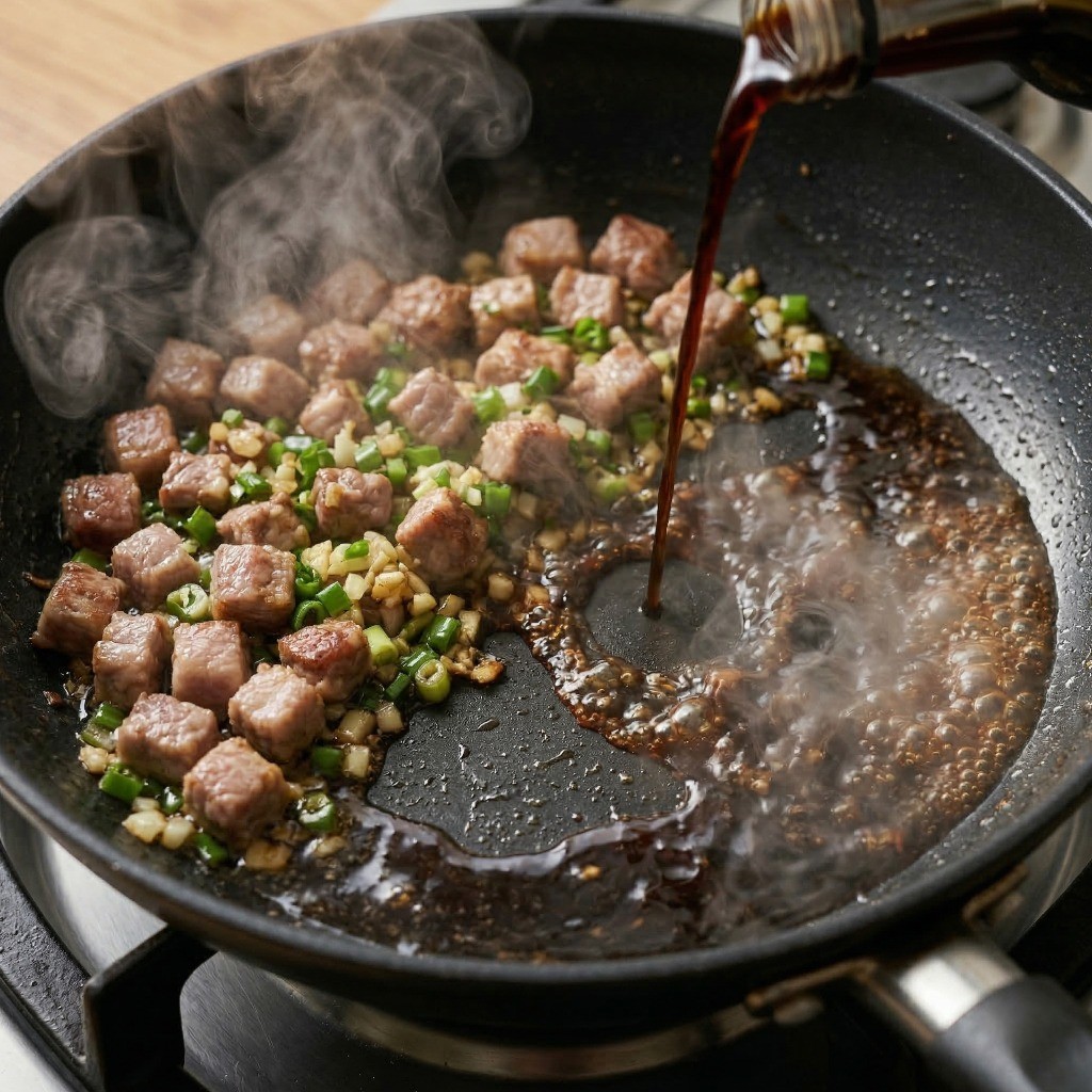 이연복 짜장라면 레시피 3단계: 볶은 고기 테두리에 간장을 둘러 중식당 간짜장 특유의 불향을 입히는 핵심 비법