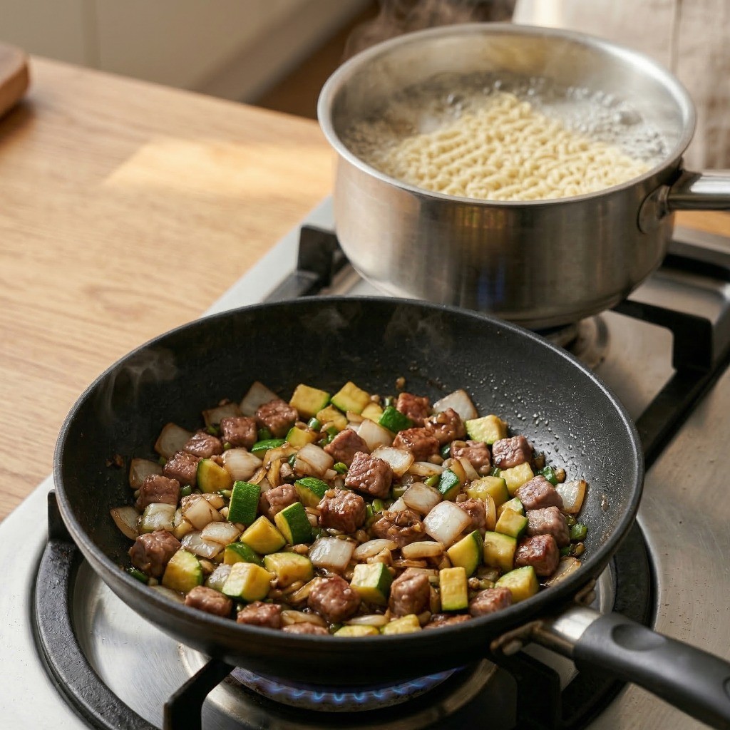 이연복 짜장라면 레시피 4단계: 손질한 양파와 애호박을 넣고 볶으며 동시에 짜장라면 면을 삶는 조리 과정