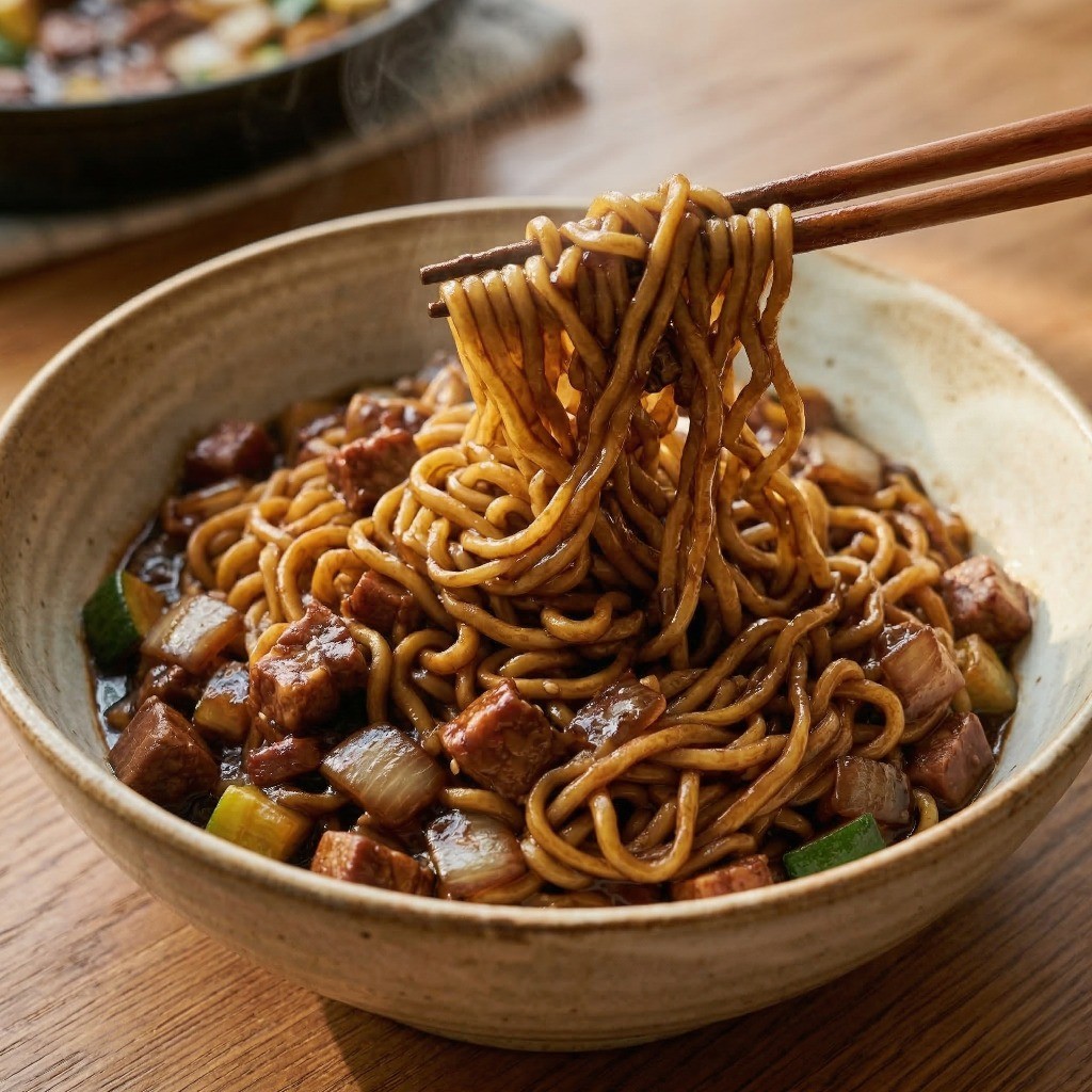 이연복 짜장라면 레시피 완성: 삶은 면 위에 불향 가득한 간짜장 소스와 계란 프라이를 얹은 먹음직스러운 플레이팅