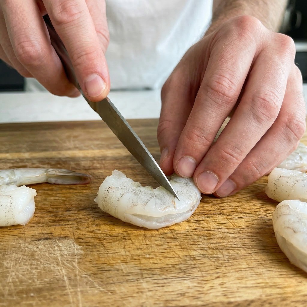 이연복 칠리새우 레시피 1단계: 새우가 말리지 않도록 배 쪽에 칼집을 내어 손질하는 방법