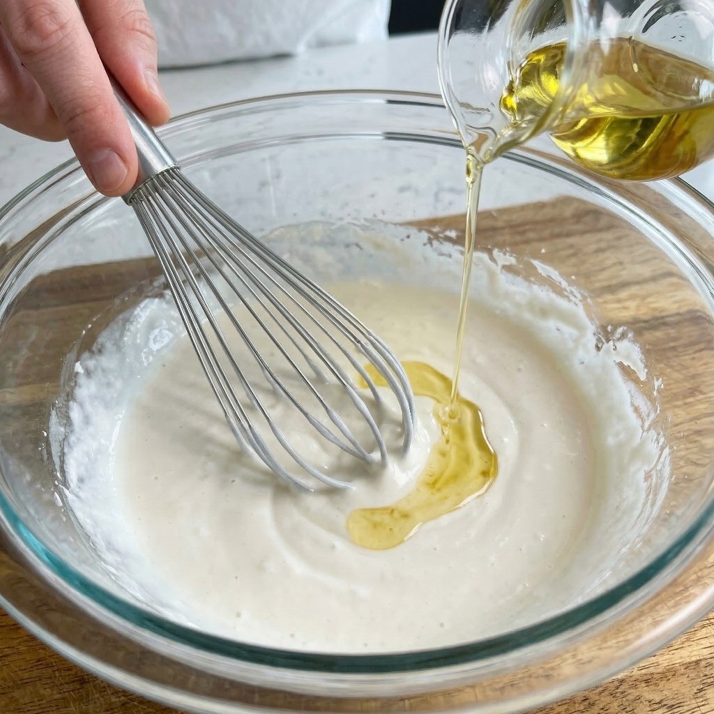 이연복 칠리새우 레시피 2단계: 전분, 물, 계란물에 식용유를 넣어 바삭한 튀김 반죽을 만드는 과정