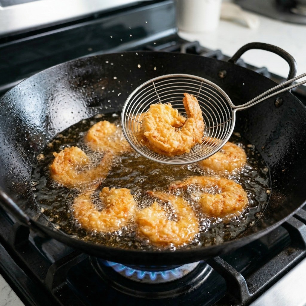 이연복 칠리새우 레시피 3단계: 130도 이상의 뜨거운 기름에 손질한 새우를 두 번 튀겨 바삭함을 살리는 과정