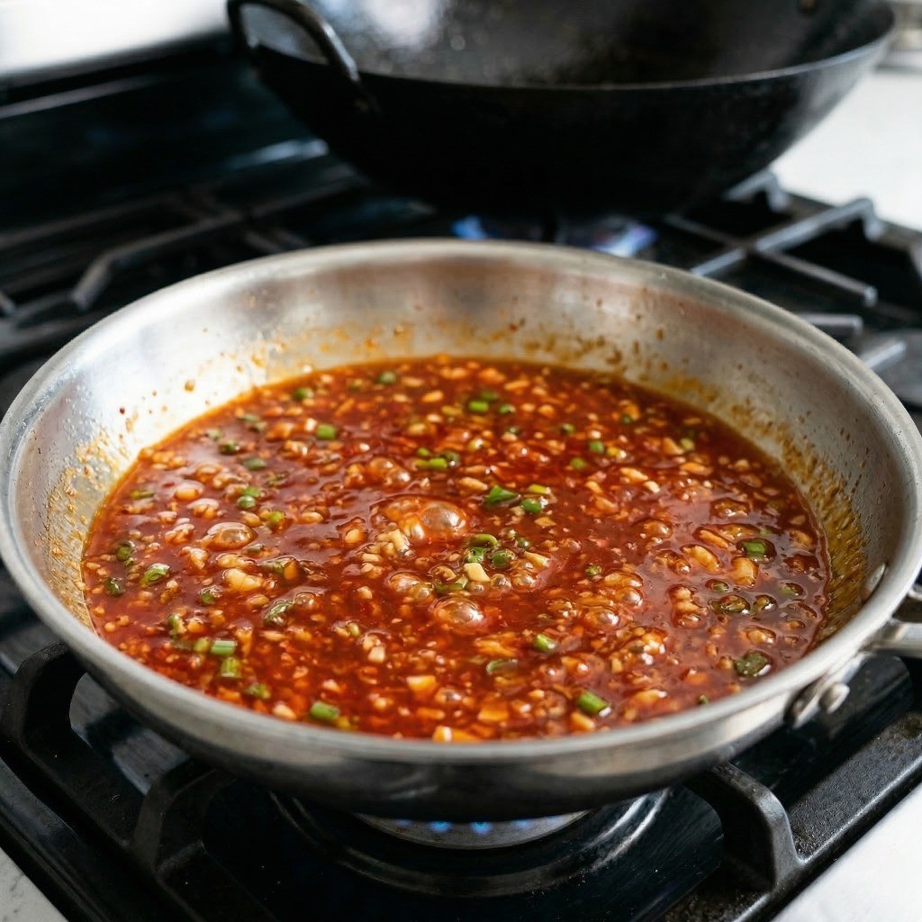 이연복 칠리새우 레시피 4단계: 팬에 고추기름, 케첩, 두반장 등을 넣고 매콤달콤한 칠리소스를 끓이는 모습