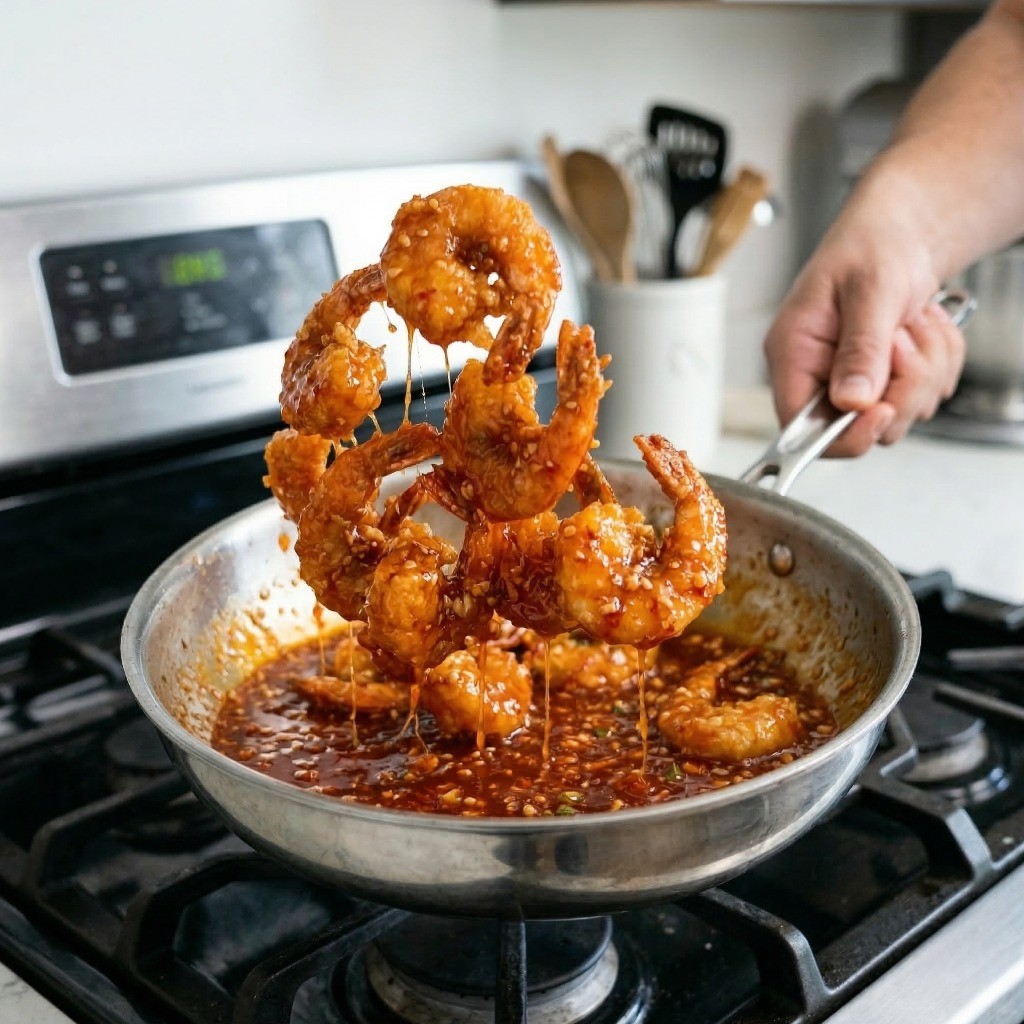 이연복 칠리새우 레시피 5단계: 완성된 칠리소스에 바삭하게 튀긴 새우를 넣고 윤기 나게 버무리는 최종 완성 단계