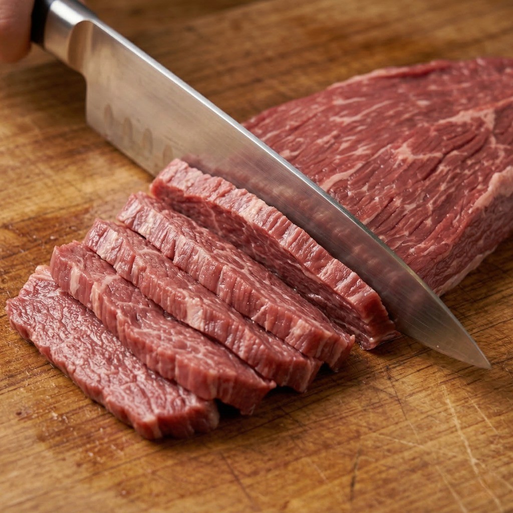 이연복 고추잡채 만들기 1단계: 부서짐 방지를 위해 소고기 홍두깨살을 결대로 채 써는 방법