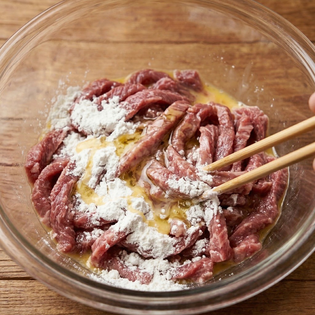 이연복 고추잡채 만들기 2단계: 소고기 육즙을 가두는 감자전분과 계란물 코팅 비법