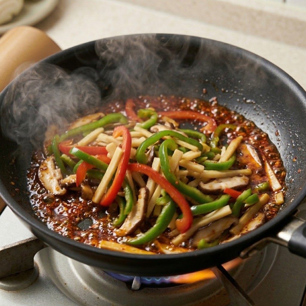 이연복 고추잡채 만들기 5단계: 파기름 대신 고추기름에 손질한 야채를 센 불로 달달 볶기