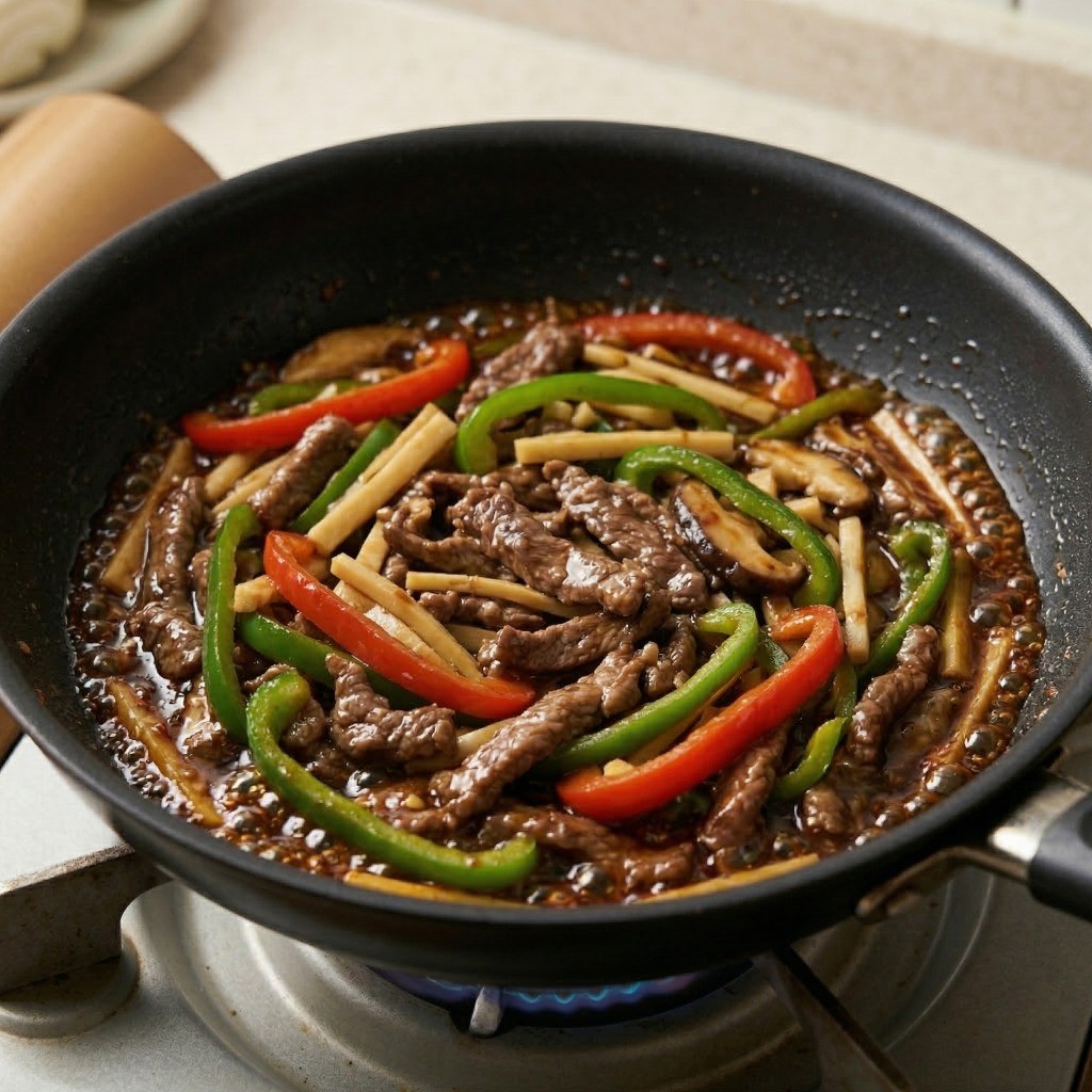 이연복 고추잡채 만들기 6단계: 볶아둔 재료에 진간장으로 불맛을 내고 굴소스로 감칠맛을 더해 완성하기