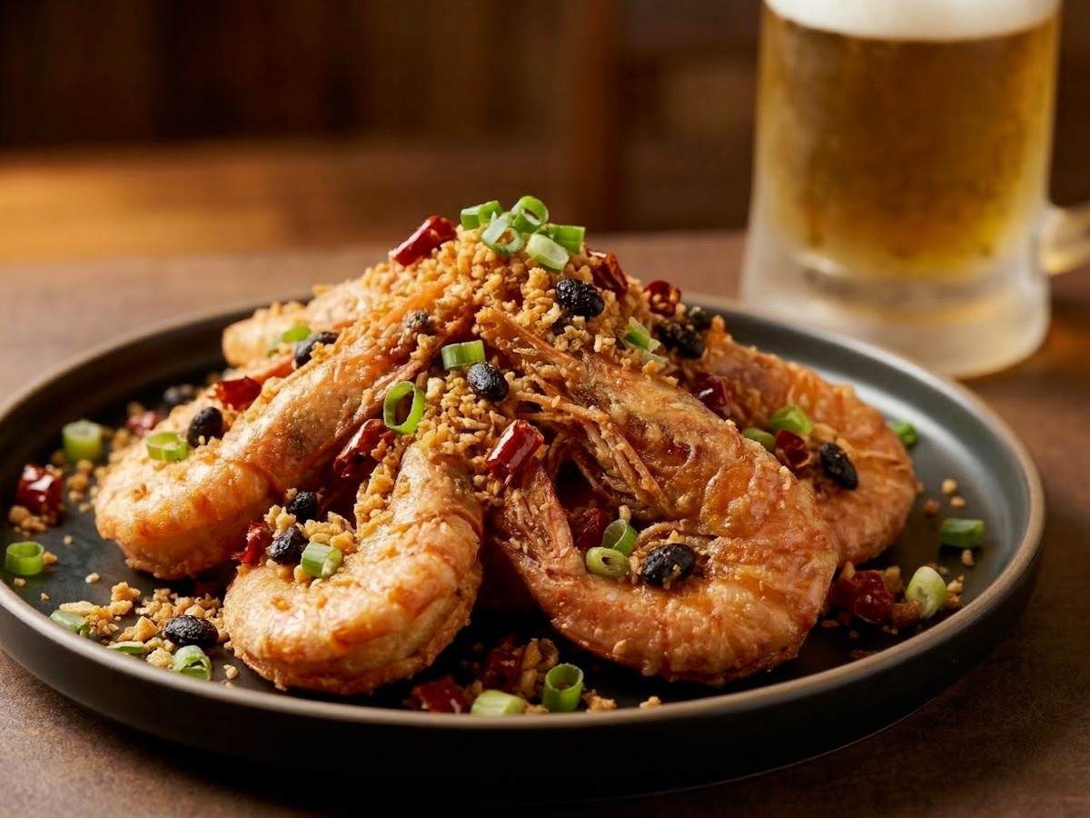 이연복 비풍당 마늘 새우 레시피 완성 사진 - 바삭하게 튀겨진 홍콩식 맥주 안주