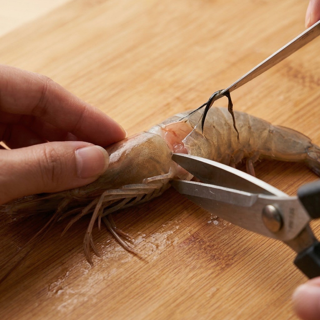 비풍당 마늘 새우 손질법 - 가위와 칼을 이용해 새우 수염과 내장을 제거하는 모습