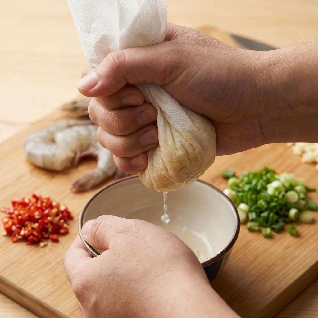 다진 마늘 물기 제거 및 부재료 준비 - 비풍당 새우 마늘 튀기기 전 필수 과정