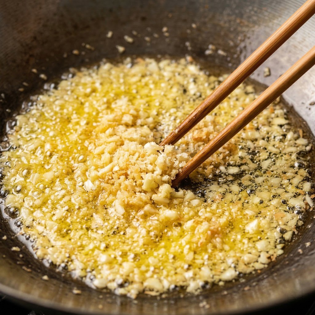 황금빛으로 노릇하게 튀겨진 마늘과 빵가루 - 비풍당 마늘 새우의 핵심 재료