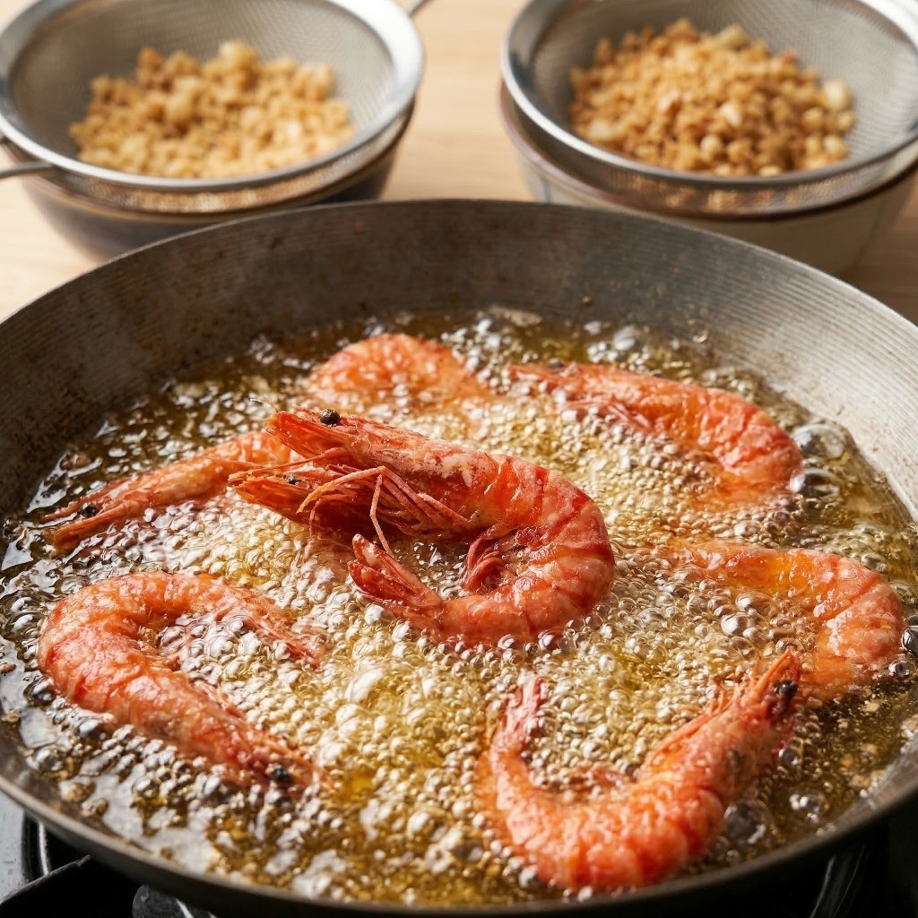 전분 옷을 입힌 통새우를 고온의 기름에 바삭하게 튀기는 과정