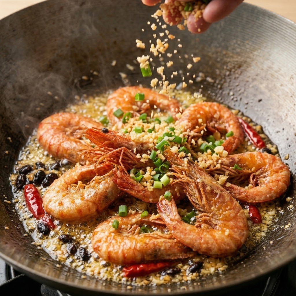 버터 소스에 볶은 새우와 황금 마늘 빵가루를 버무려 비풍당 마늘 새우를 완성하는 단계