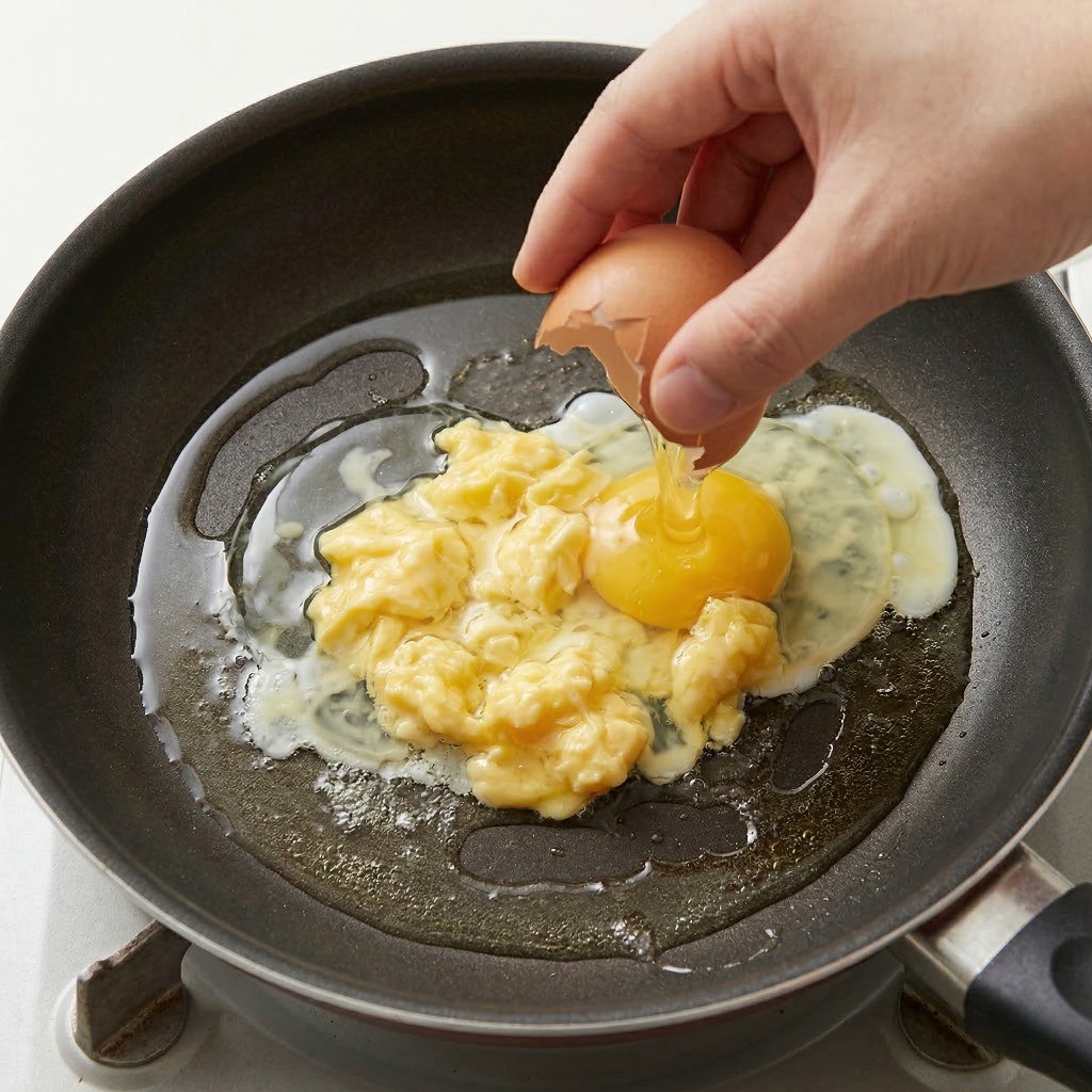 새우볶음밥 2단계 달걀 스크램블: 프라이팬에 식용유를 두르고 달걀 2개로 스크램블 에그를 만드는 모습