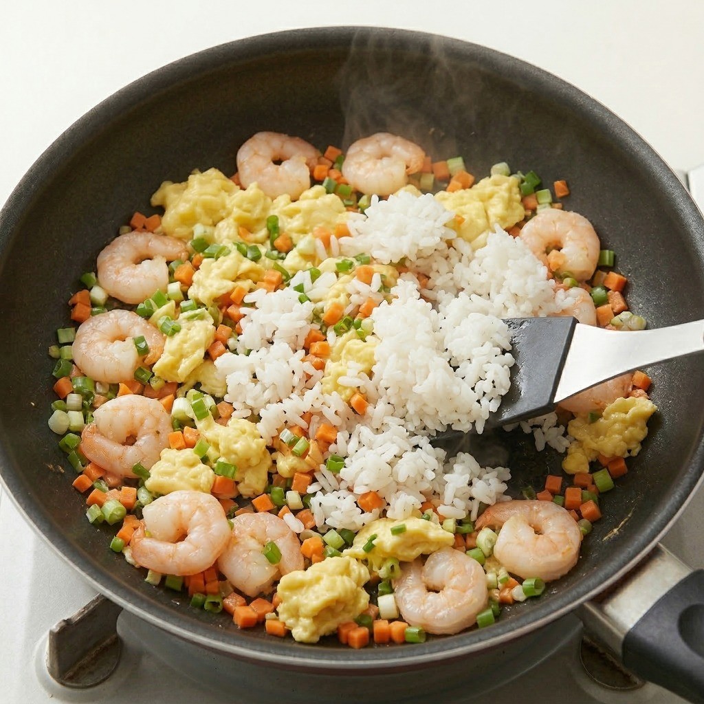새우볶음밥 4단계 밥 볶기: 볶은 새우와 채소에 고슬고슬한 즉석밥을 넣고 밥알이 으깨지지 않게 골고루 섞는 모습