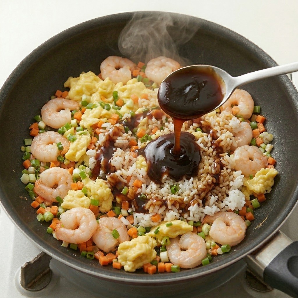 이연복 새우볶음밥 5단계 완성: 굴소스로 감칠맛을 더해 동그랗고 먹음직스럽게 플레이팅한 중식 볶음밥