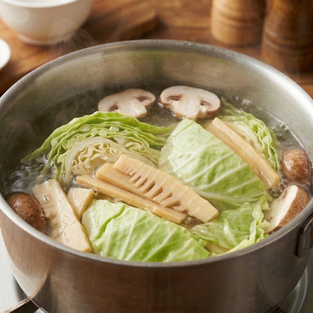 끓는 물에 얼갈이배추와 버섯을 살짝 데치는 과정