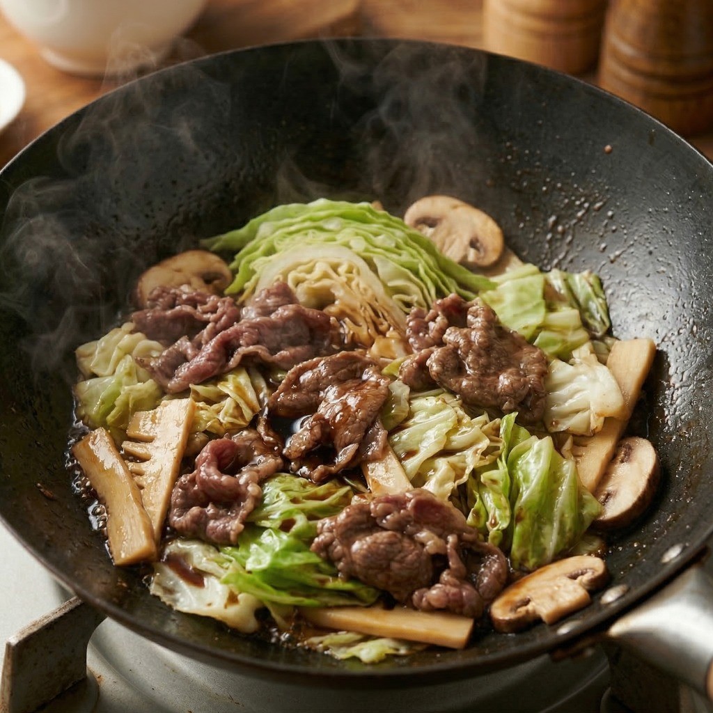 대파, 마늘로 향을 내고 데친 야채와 고기를 굴소스에 볶는 고명 만들기