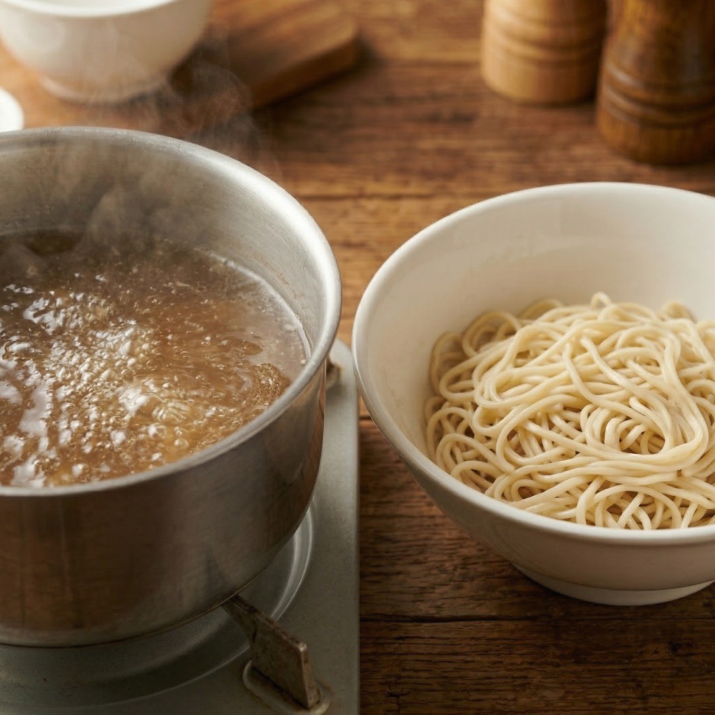 치킨스톡을 활용하여 소고기탕면의 맑고 진한 육수를 끓이는 모습