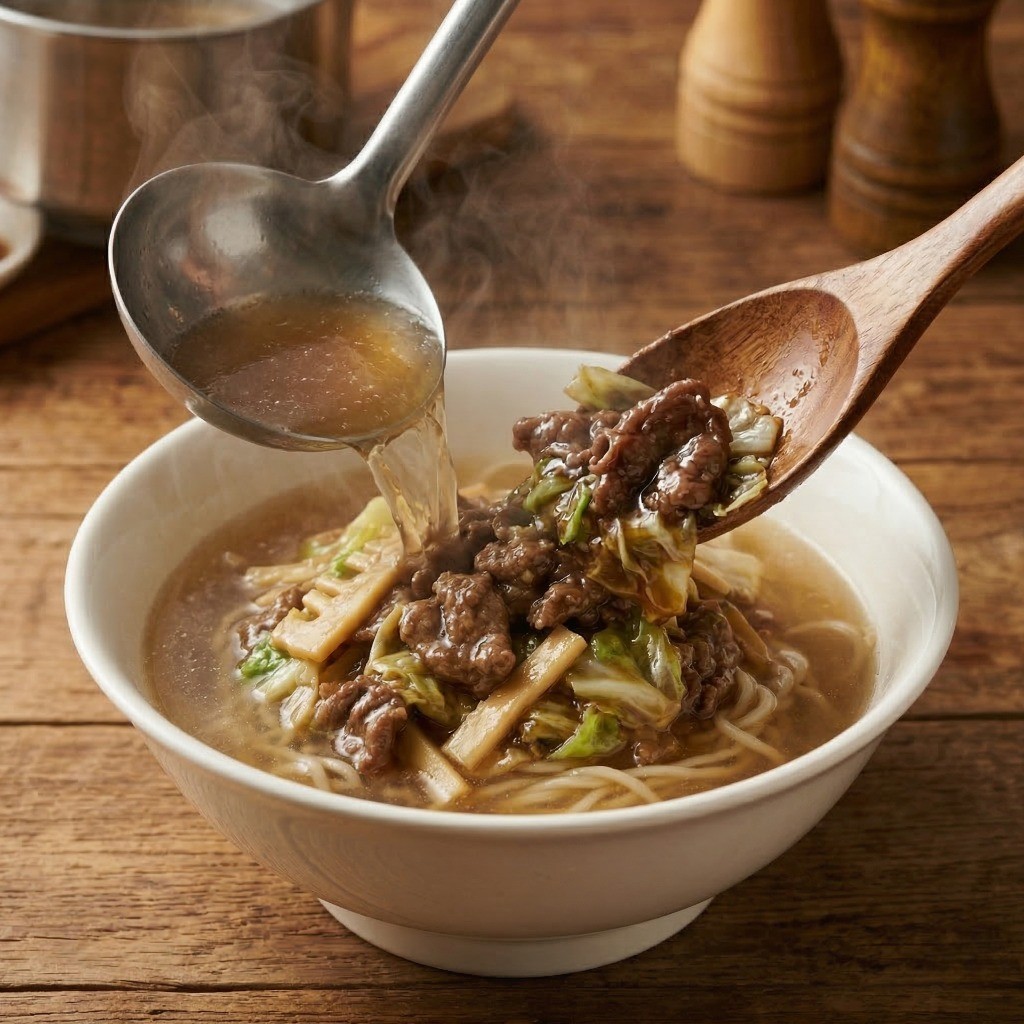 삶은 중화면에 진한 육수와 볶은 고명을 듬뿍 올린 소고기탕면 완성