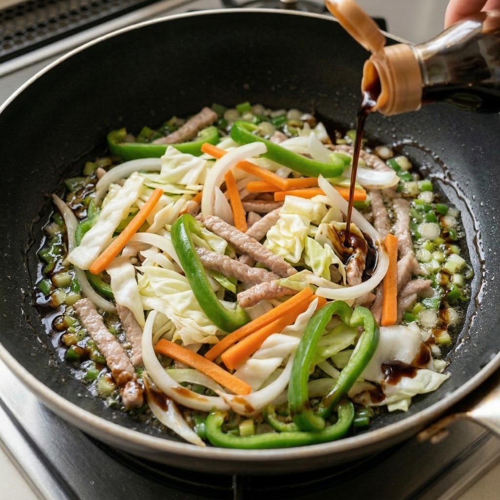 돼지고기를 볶은 팬에 간장으로 불맛을 내고 배추, 양파, 당근, 피망을 함께 볶는 모습