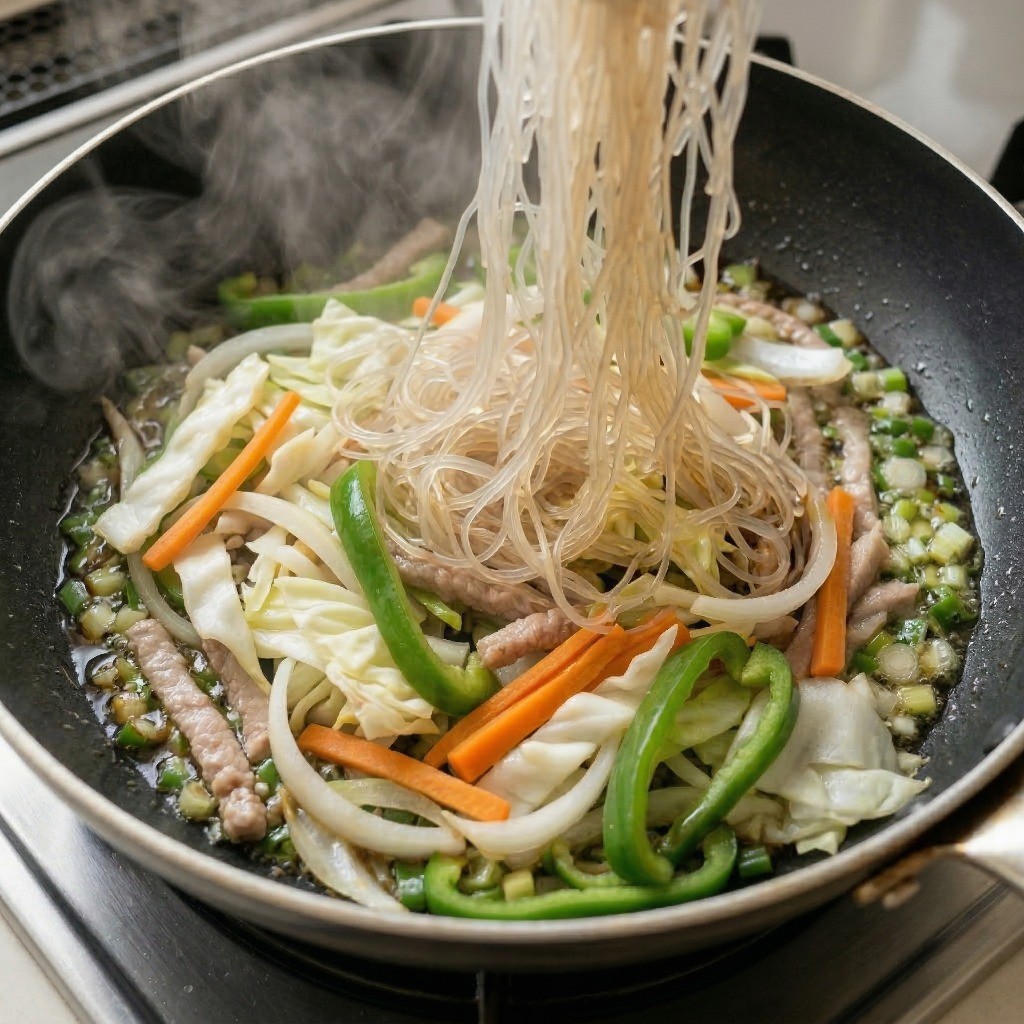 채소를 볶던 원팬에 미리 불려둔 당면을 그대로 넣고 함께 볶아주는 원팬 잡채 조리 과정