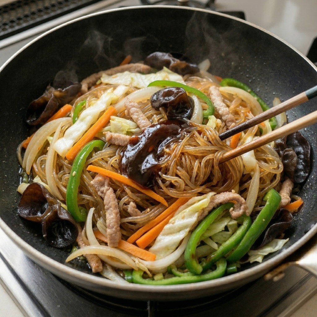 잘 볶아진 당면에 굴소스와 설탕으로 간을 맞추고 마지막에 목이버섯을 추가하는 모습