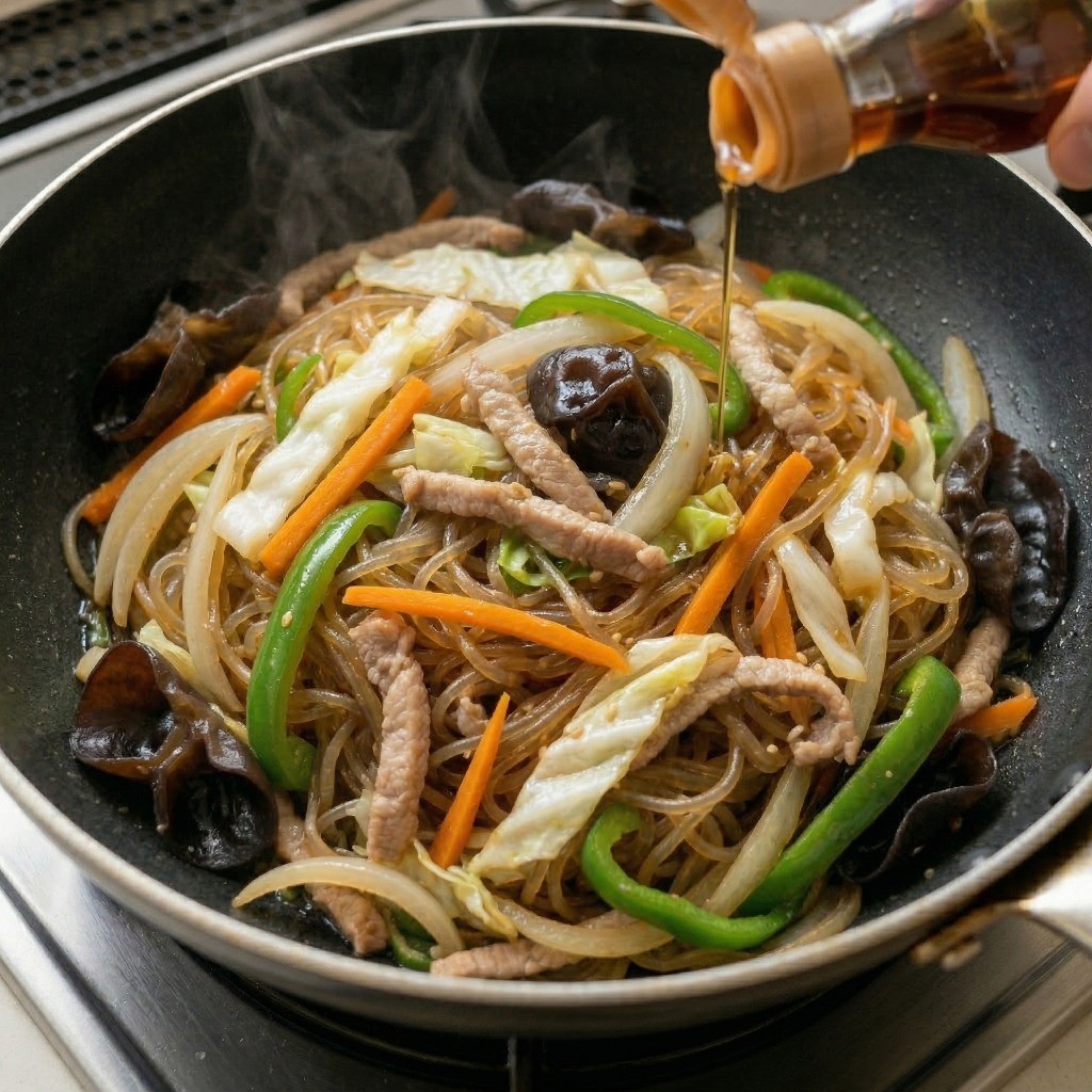 완성된 먹음직스러운 볶음 잡채에 고소한 참기름을 둘러 마무리하는 장면