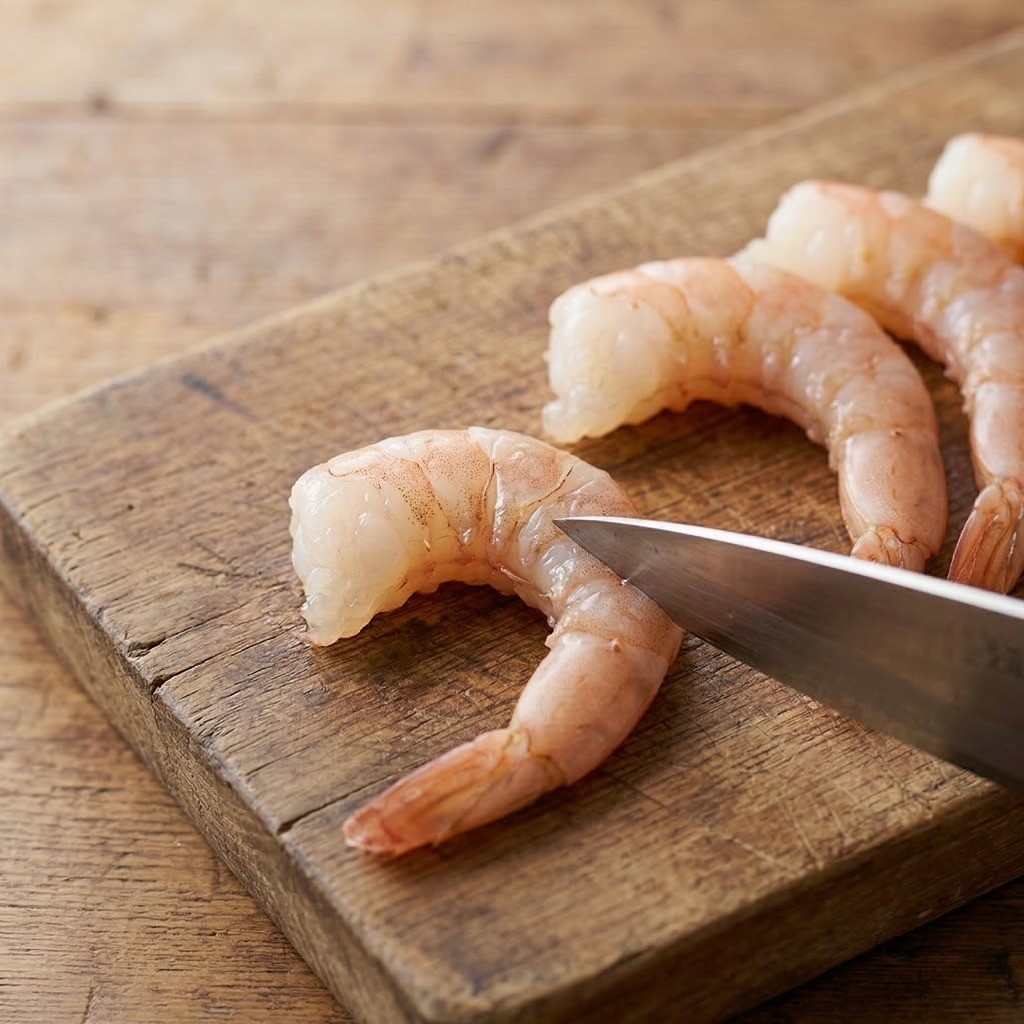 이연복 크림새우 레시피 1단계: 튀길 때 말리지 않도록 새우 배에 칼집 넣는 모습