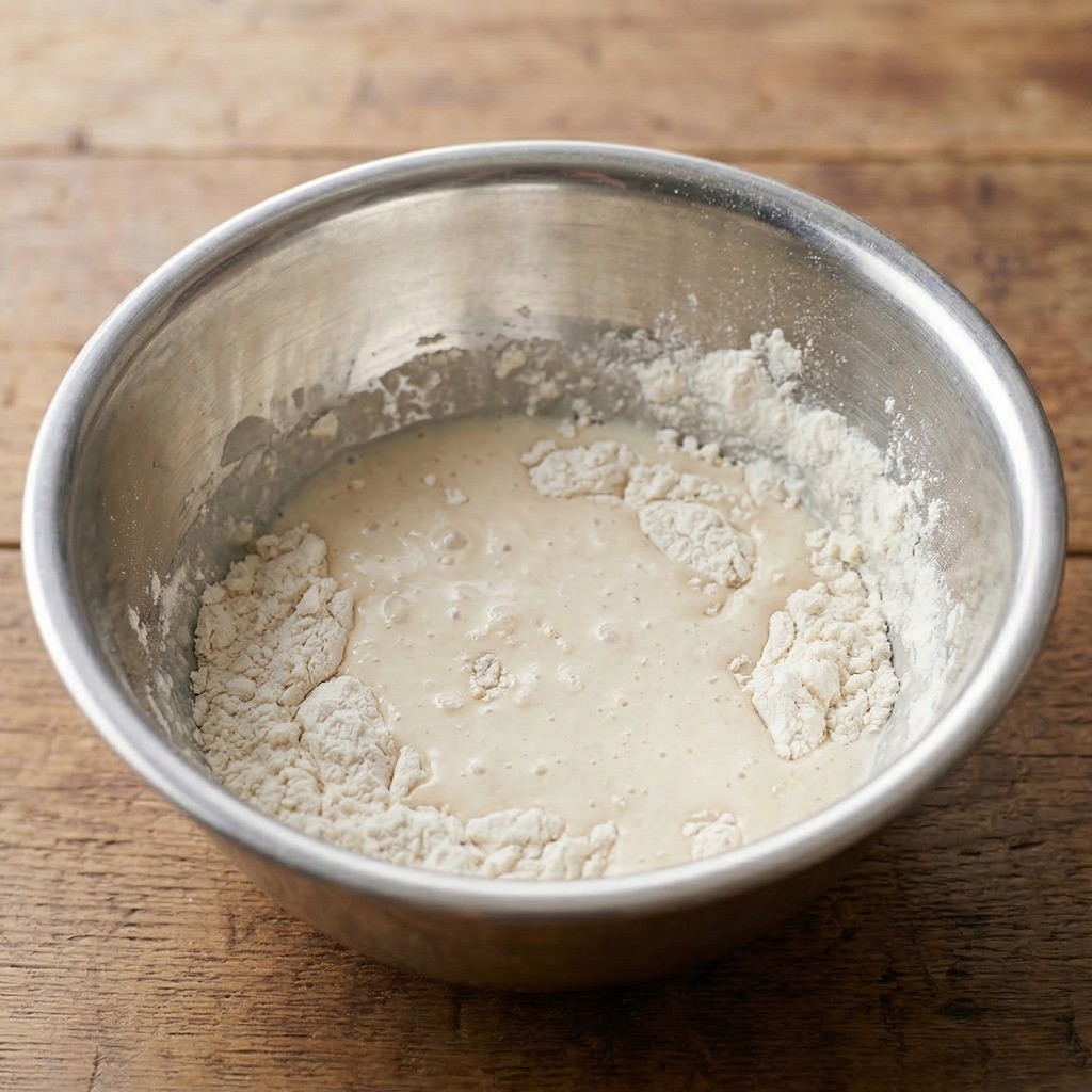 이연복 크림새우 레시피 2단계: 바삭함을 살리기 위해 튀김가루와 물을 얼기설기 대충 섞은 반죽