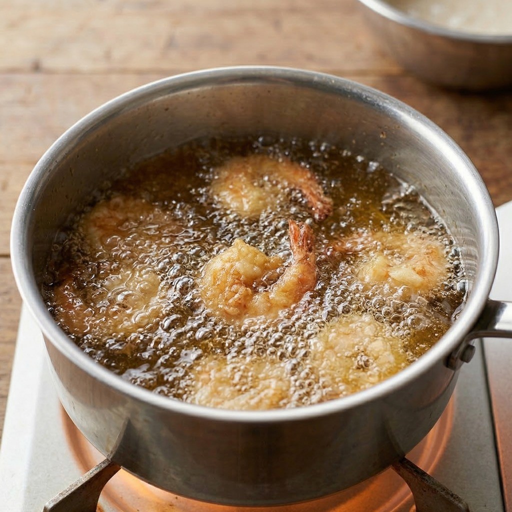 이연복 크림새우 레시피 3단계: 170~180도 끓는 기름에 반죽 옷을 입힌 새우를 노릇하고 바삭하게 튀기는 모습