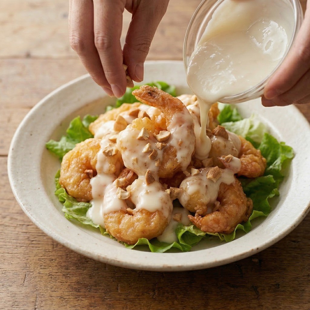 이연복 크림새우 레시피 5단계: 아삭한 양상추 위에 바삭한 튀김을 올리고 소스와 캐슈넛으로 마무리한 완벽한 플레이팅