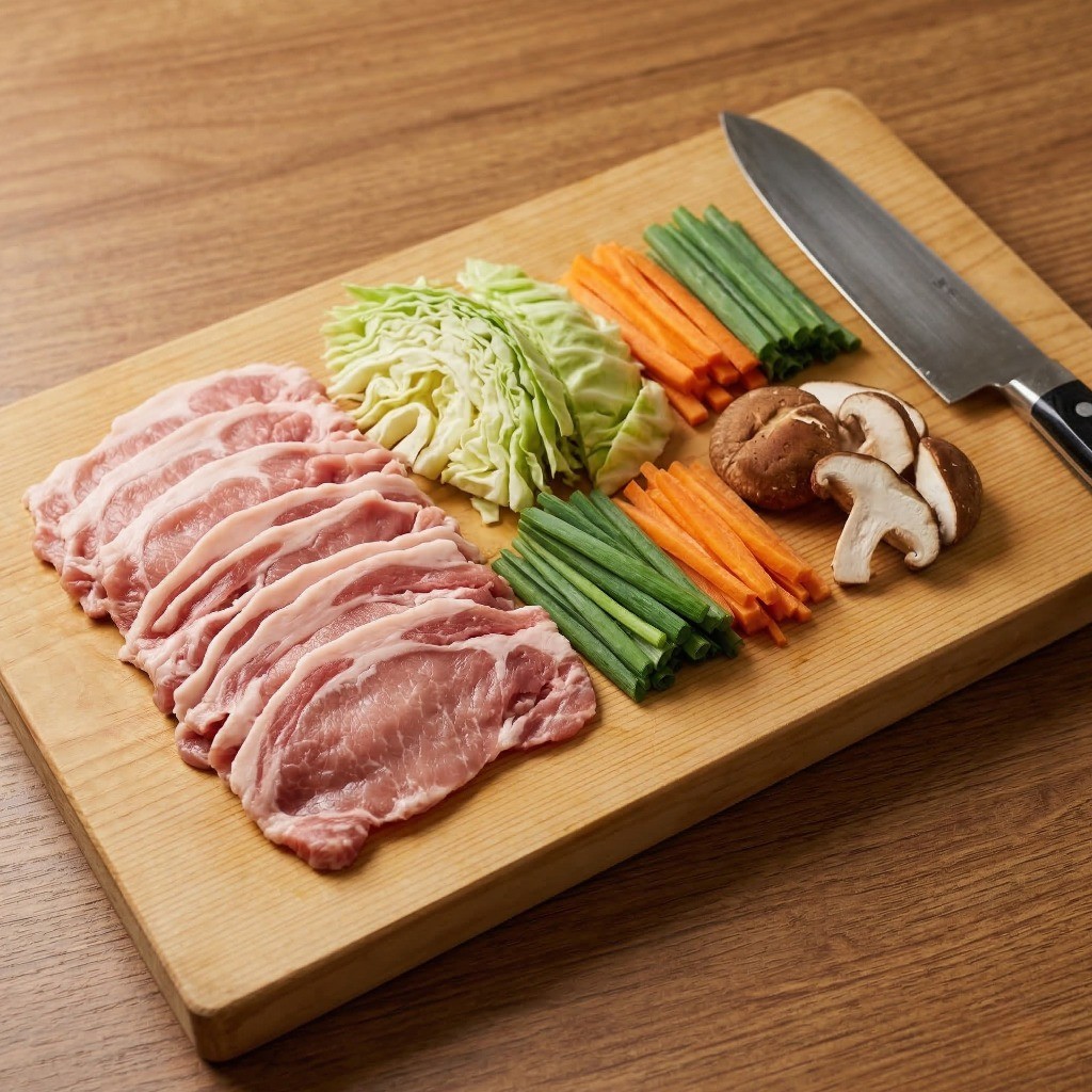 야끼소바 재료인 돼지고기, 양배추, 당근 채 썰기 준비 과정