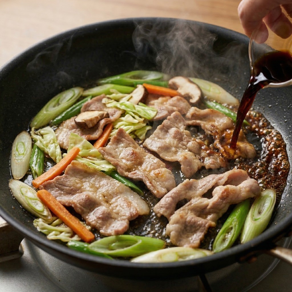 양배추, 당근 등 채소를 볶으며 간장으로 불맛을 입히는 야끼소바 조리 과정