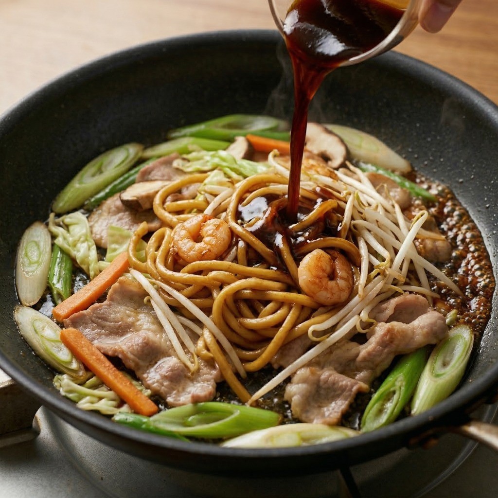 프라이팬에 삶은 중화면과 시판 야끼소바 소스를 넣고 볶는 과정