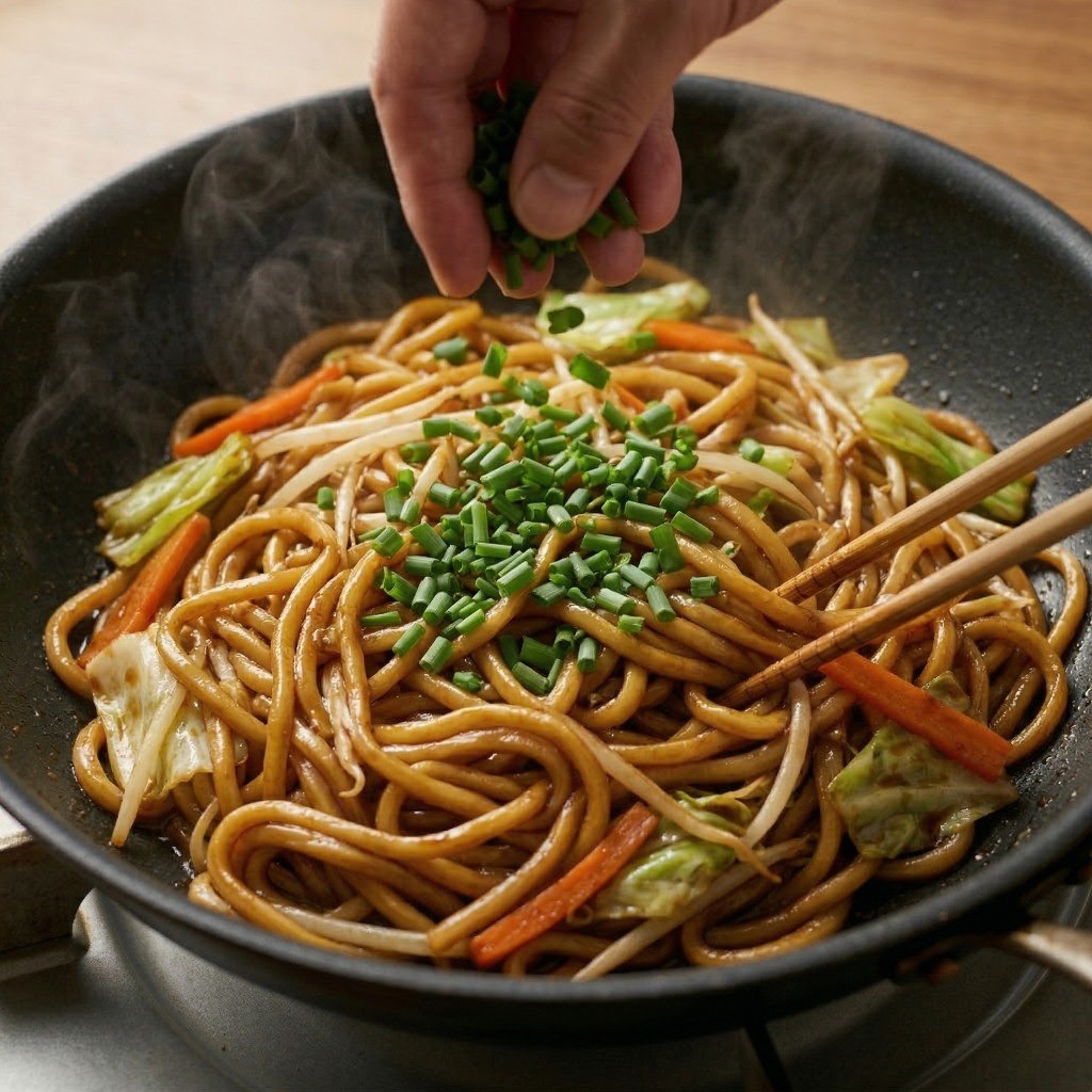 완성된 야끼소바에 부추를 넣고 잔열로 섞어 마무리하는 조리 과정