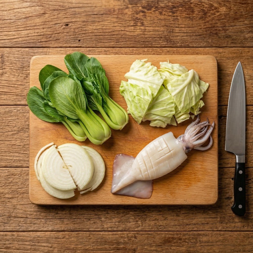 해물 짬뽕라면 재료 손질 - 청경채, 배추, 양파 썰기 및 오징어 칼집 내기