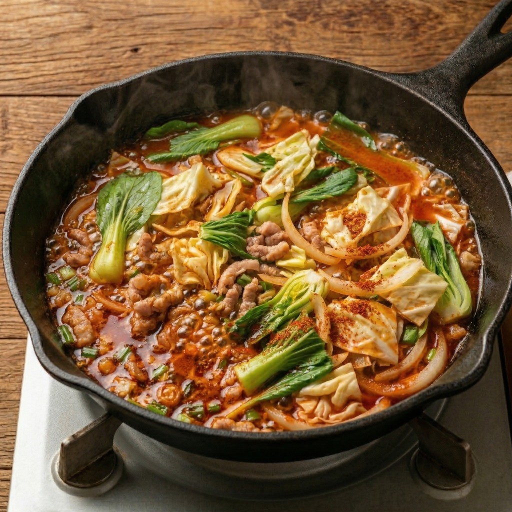 볶은 야채 베이스에 물과 라면 스프를 넣어 끓이는 얼큰한 짬뽕 육수