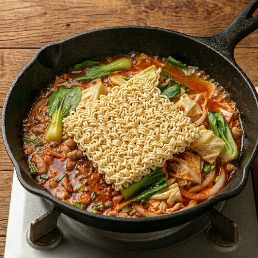 팔팔 끓는 진한 짬뽕 국물에 라면 면발을 넣고 끓이는 모습