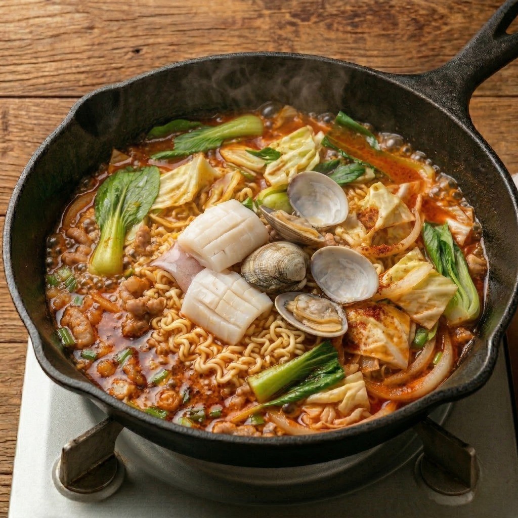 해물 짬뽕라면 완성 단계 - 라면 조리 마지막에 오징어와 바지락 해산물 추가하기