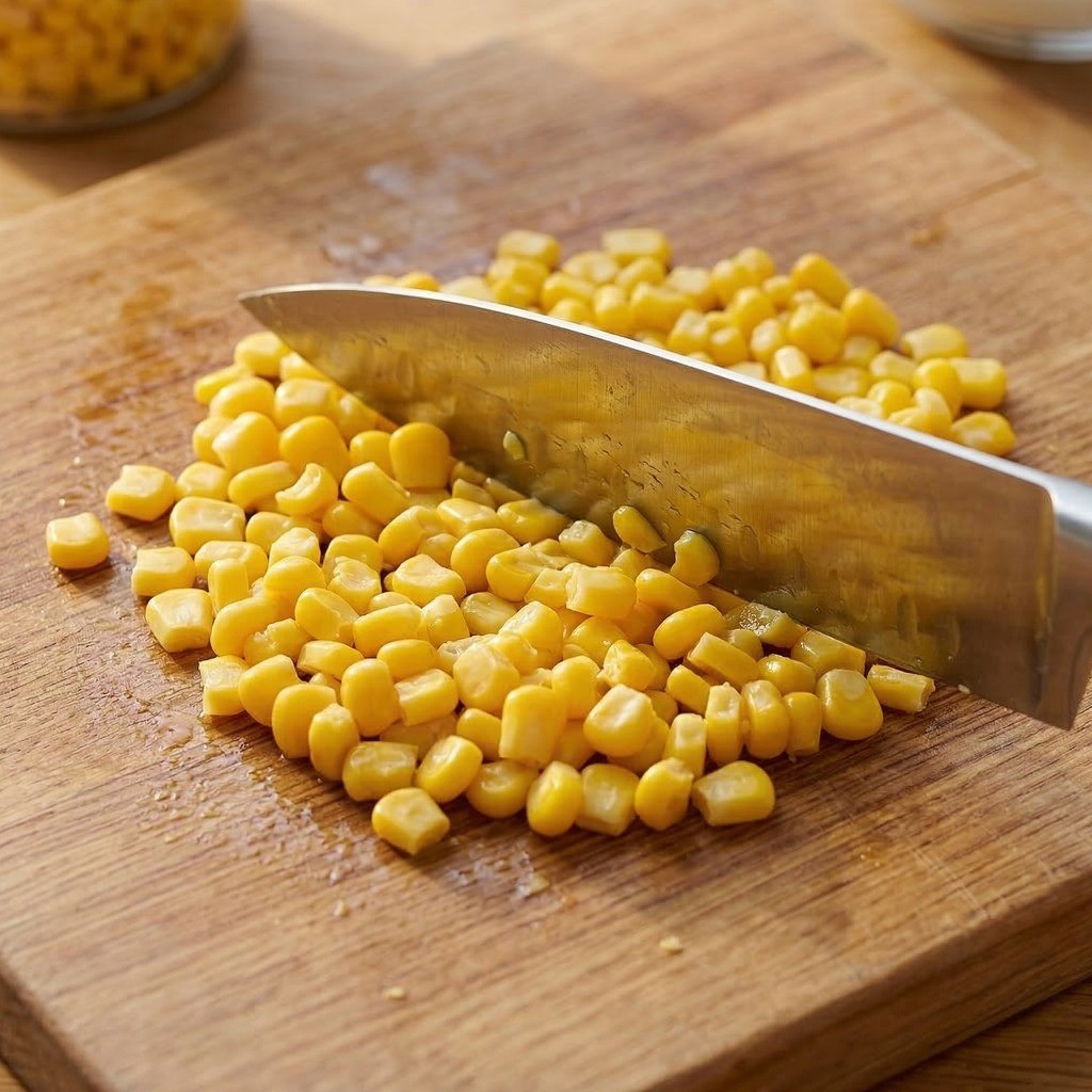 옥수수 빠스 만들기 1단계: 물기를 제거한 통조림 옥수수를 칼등으로 거칠게 으깨는 과정