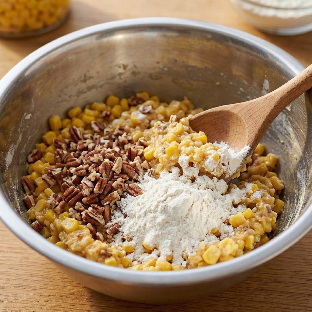 옥수수 빠스 만들기 2단계: 으깬 옥수수에 다진 피칸(견과류)과 밀가루를 넣어 찰기 있게 반죽하는 모습