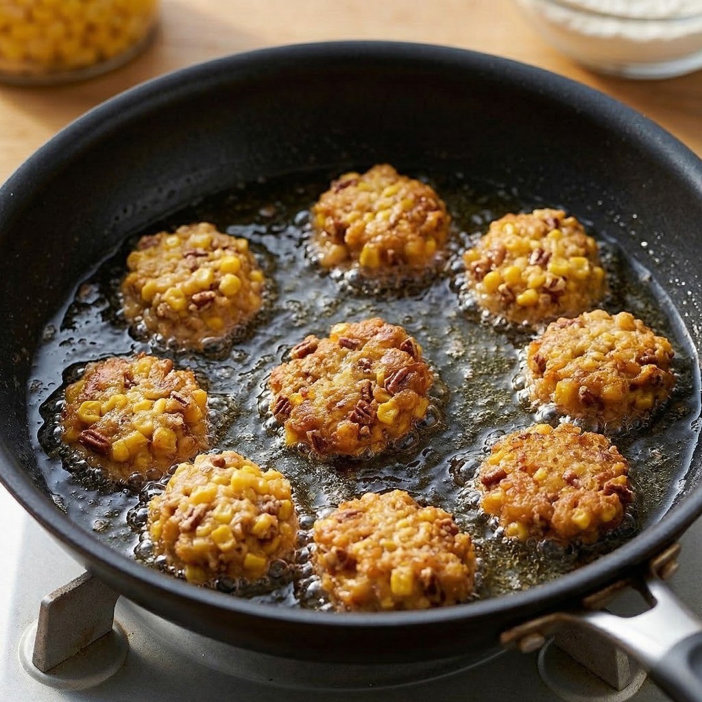 옥수수 빠스 만들기 3단계: 둥글게 빚은 옥수수 반죽을 끓는 기름에 노릇하고 바삭하게 튀기는 과정