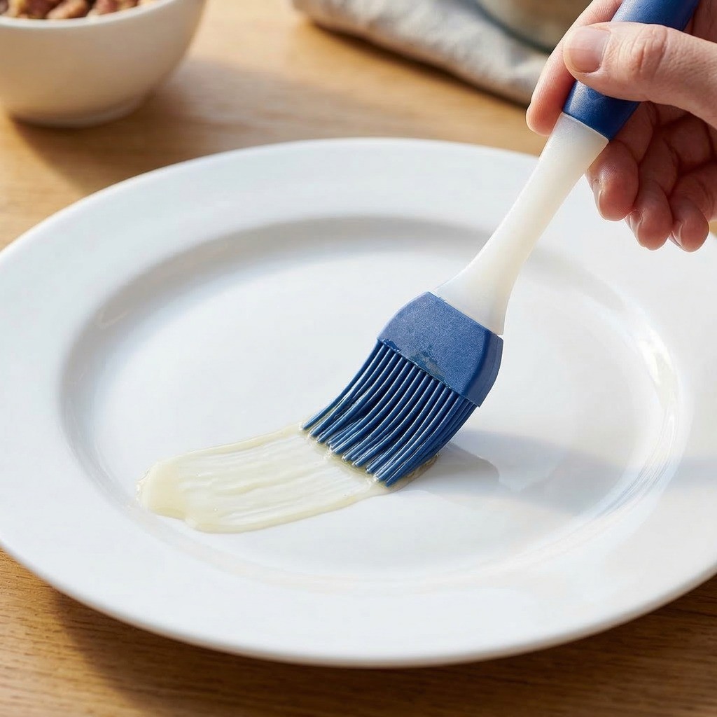 옥수수 빠스 만들기 4단계: 시럽이 들러붙지 않도록 완성용 접시에 들기름(또는 참기름)을 얇게 코팅하는 모습